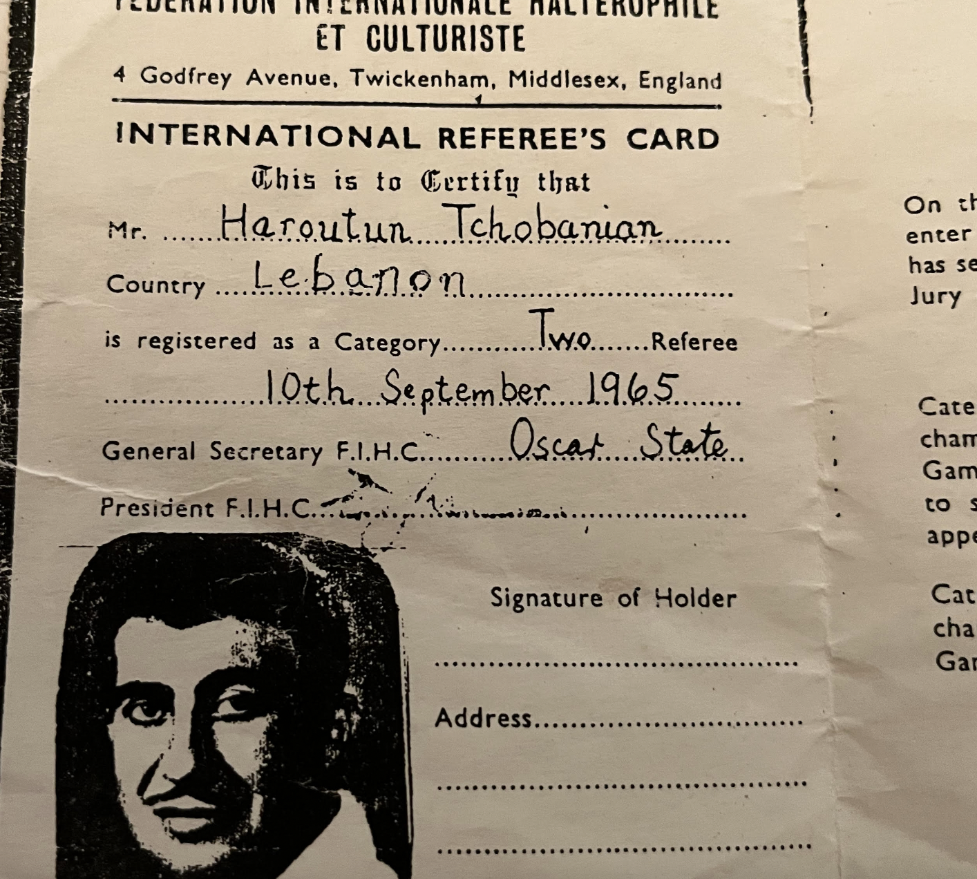 Harry Tchobanian's first International Referee Card, issued during the 1965 World Championships in Iran ©ITG