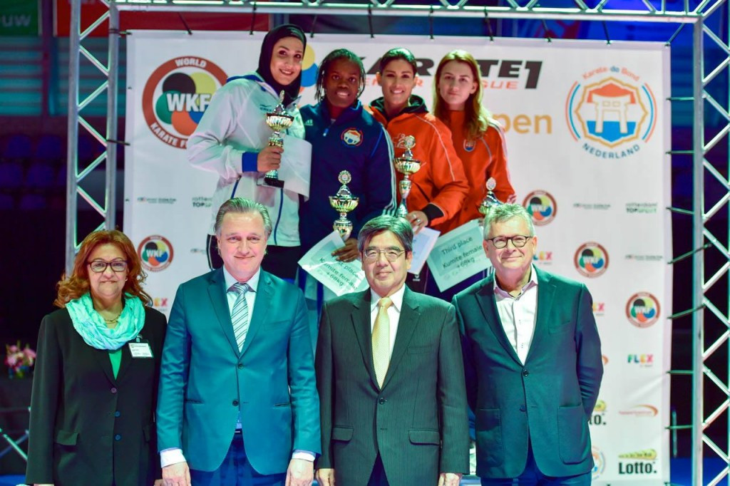 The Netherlands Tania Nortan Vanesca, second left, won the women's heavyweight division at the Karate 1-Premier League event in Rotterdam, one of two home victories ©WKF/Facebook