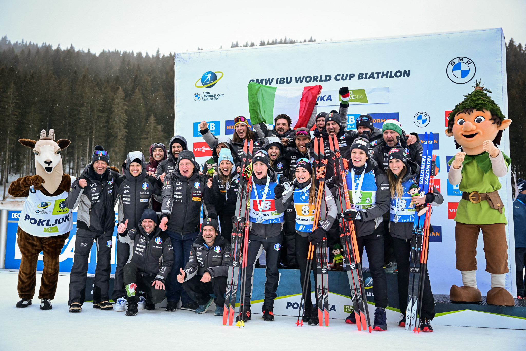 The podium for the 4x7.5 kilometres mixed relay at the IBU World Cup in Pokljuka ©Getty Images   