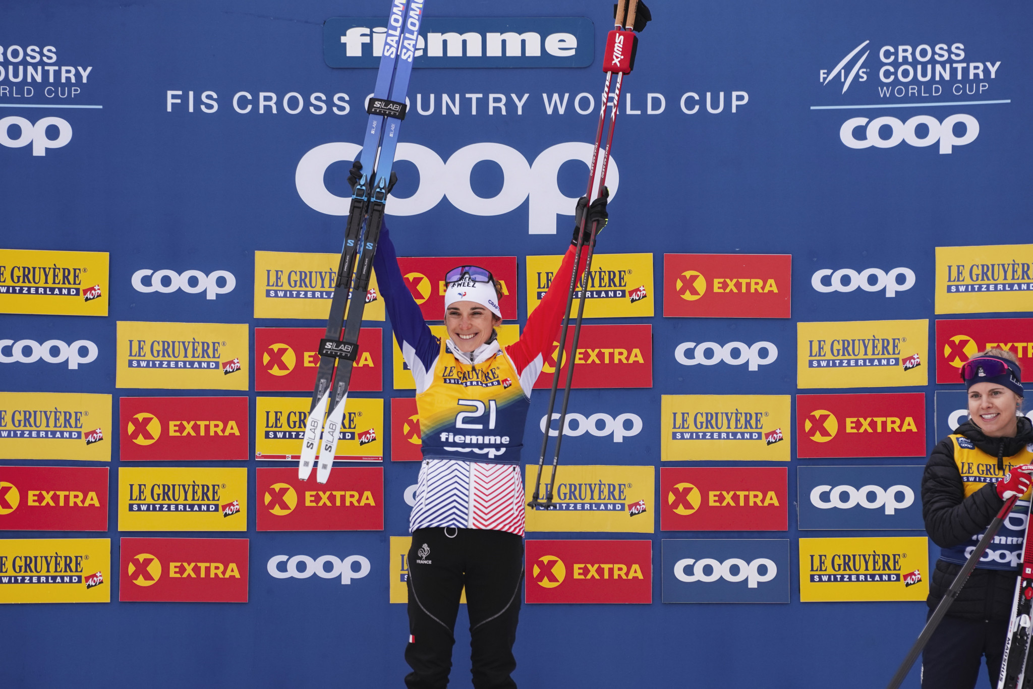 Delphine Claudel celebrates winning the final women's Tour de Ski race of the series in Val di Fiemme ©Getty Images  