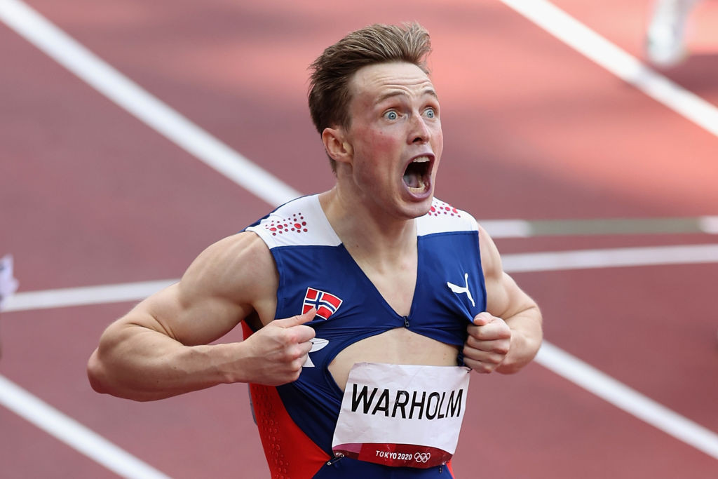 Karsten Warholm of Norway pictured after lowering his world 400m hurdles record to 45.94sec in the Tokyo 2020 final - the men's and women's versions of this event will be showcased on days seven and eight of the programme at Paris 2024 ©Getty Images