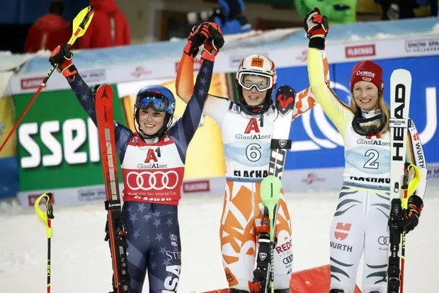 America's Mikaela Shiffrin, left, Slovakia's Petra Vlhová, centre, and Germany's Lena Duerr, right, topped the podium at the FIS Alpine Ski World Cup in Flachau ©Getty Images