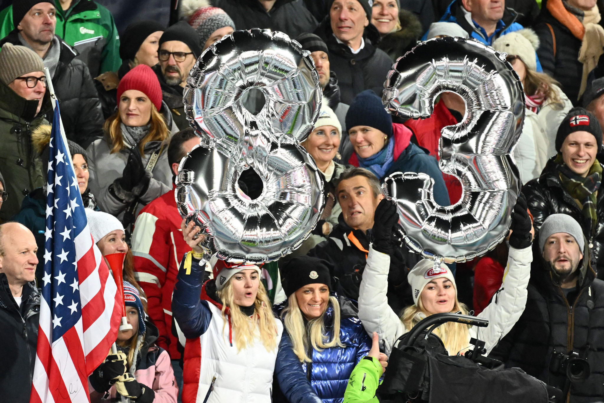 Fans of Mikaela Shiffrin held up balloons to form the figure 