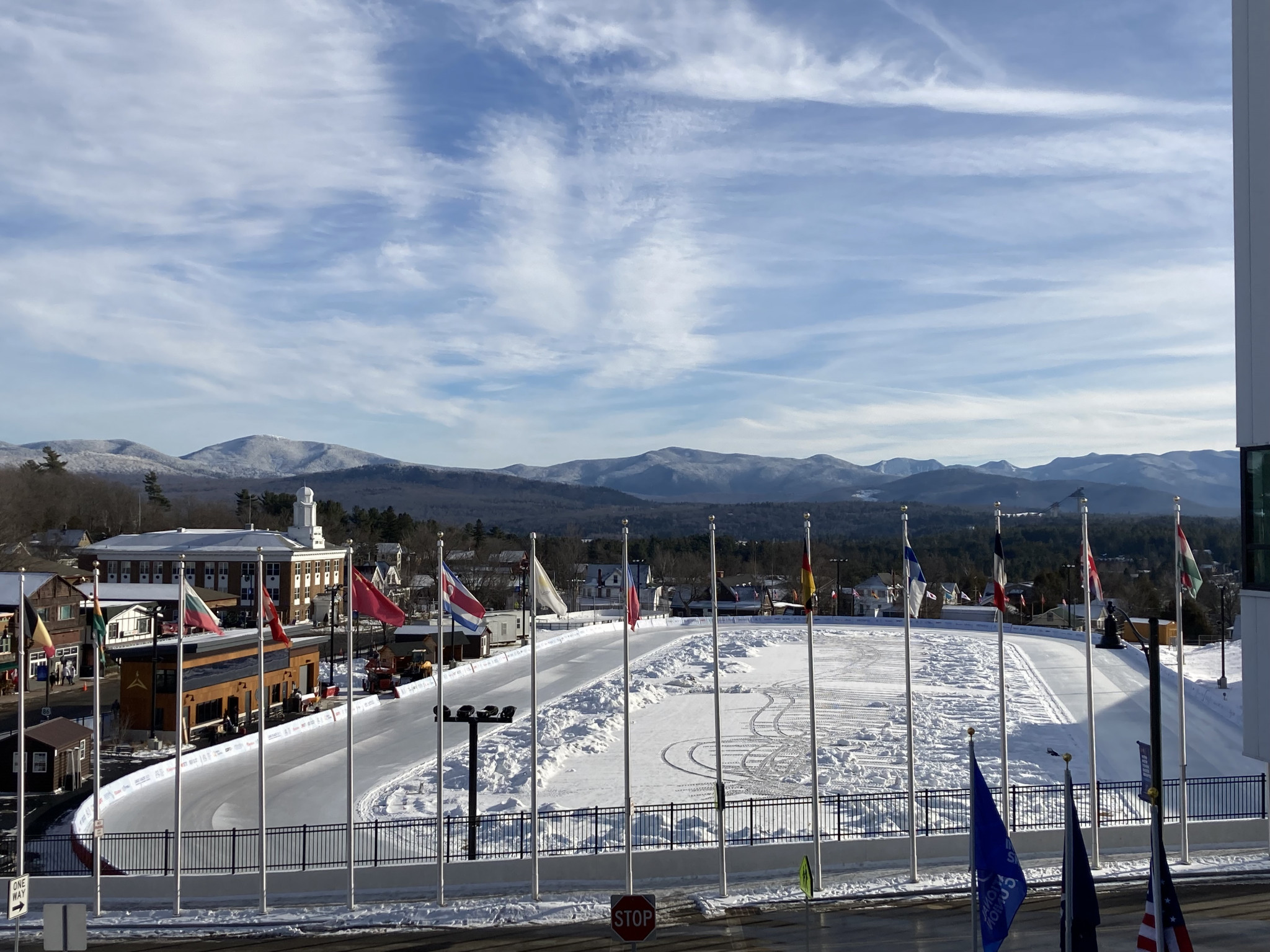 The Adirondack Mountains provide a stunning backdrop to the open-air Olympic Speed Skating Oval ©ITG