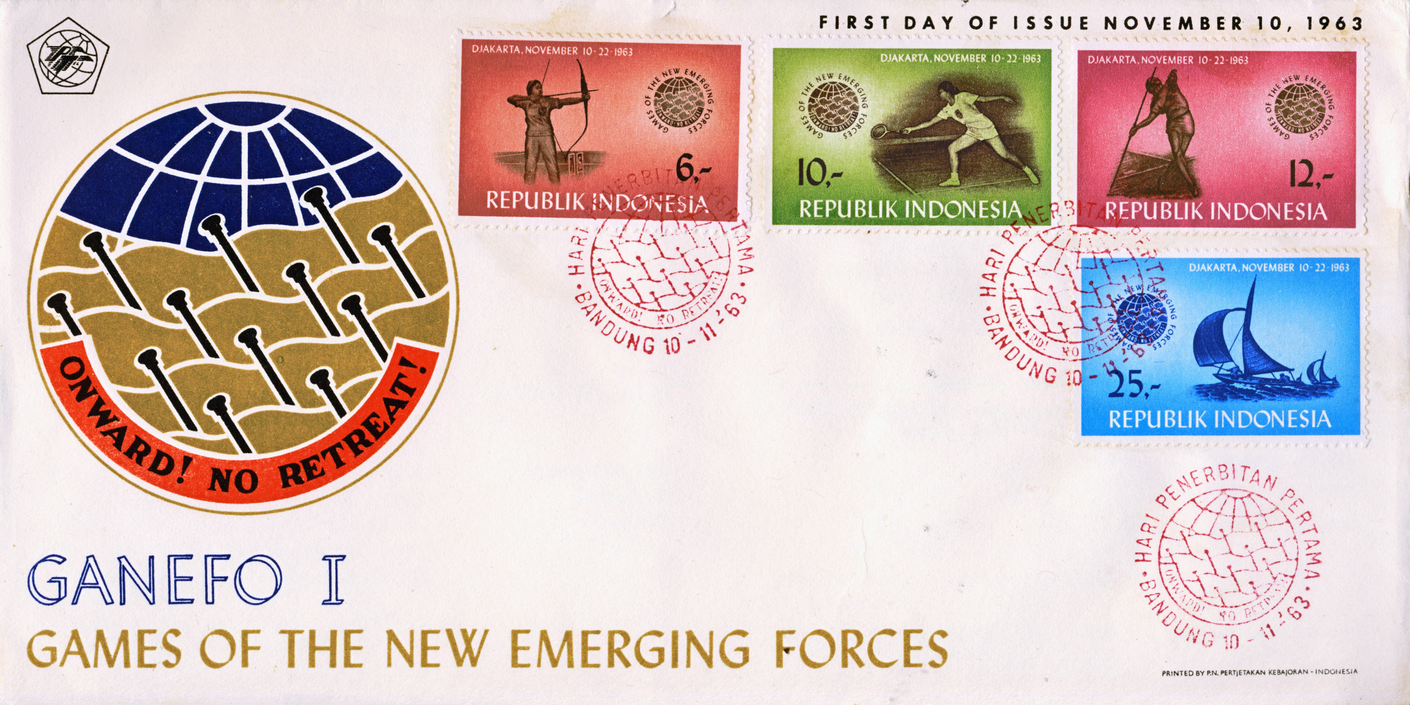 A first day cover to commemorate the start of the Games of the New Emerging Forces in 1963 ©Indonesian Post Office