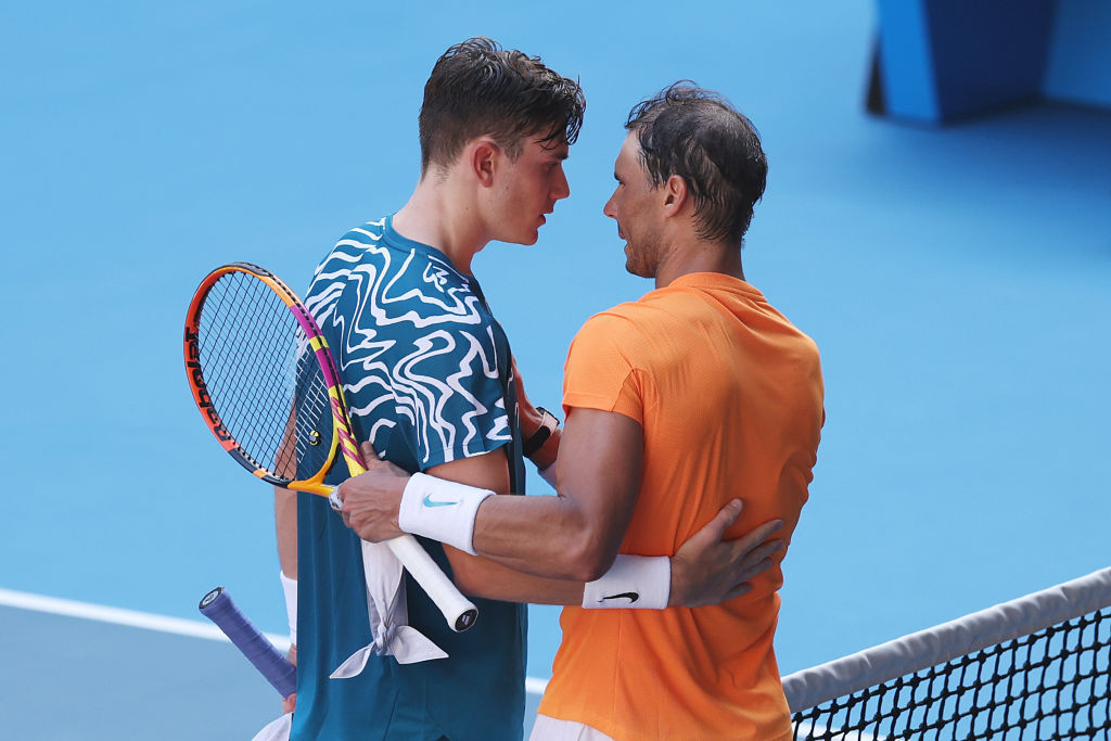 Top seed Rafa Nadal, right, speaks to 21-year-old Briton Jack Draper at the Australian Open after beating him 7-5, 2-6, 6-4, 6-1 in their first-round match at the Australian Open ©Getty Images