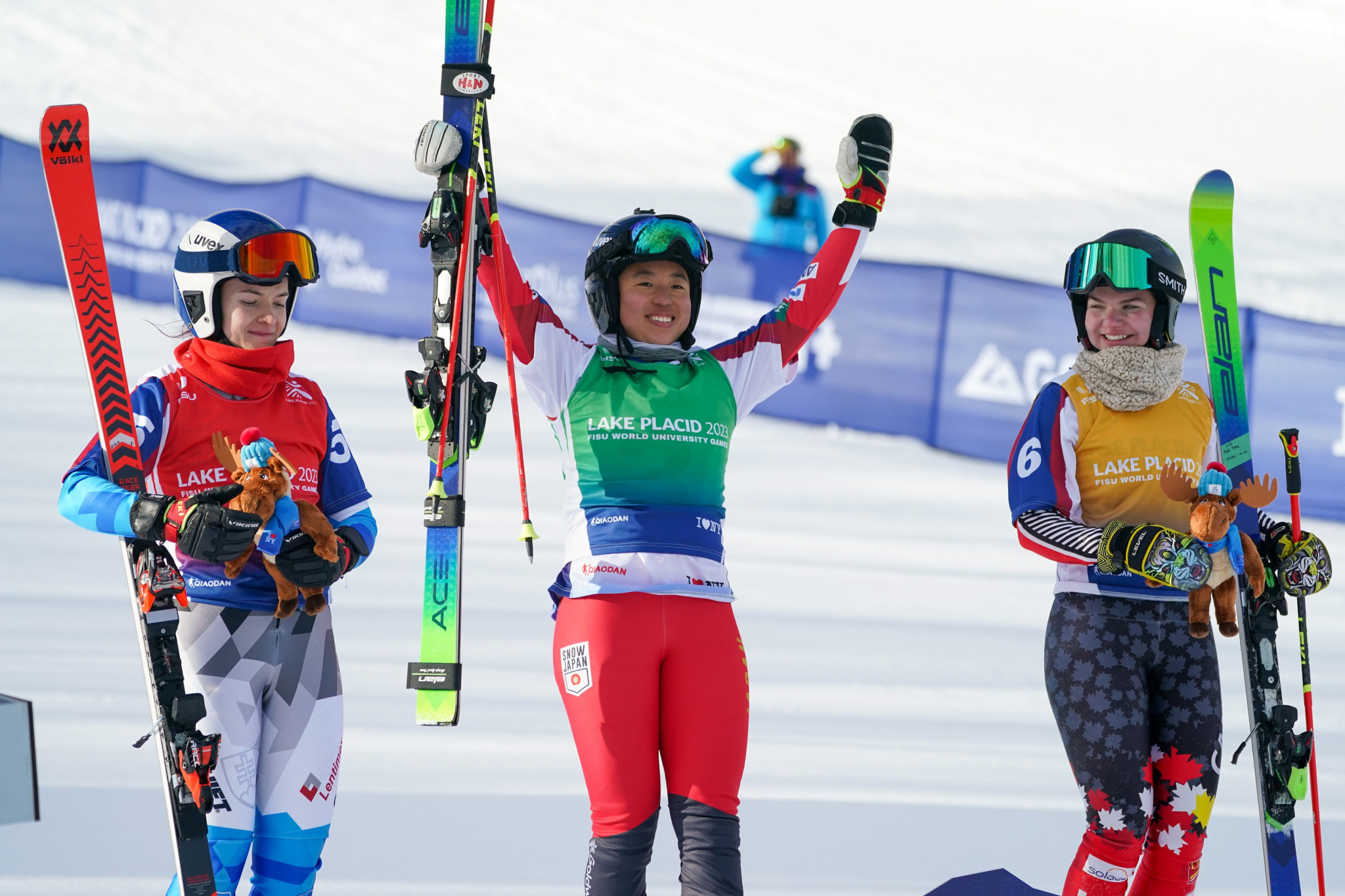 Japan's Lin Nakanishi celebrates after being crowned women's ski cross champion at Gore Mountain ©FISU