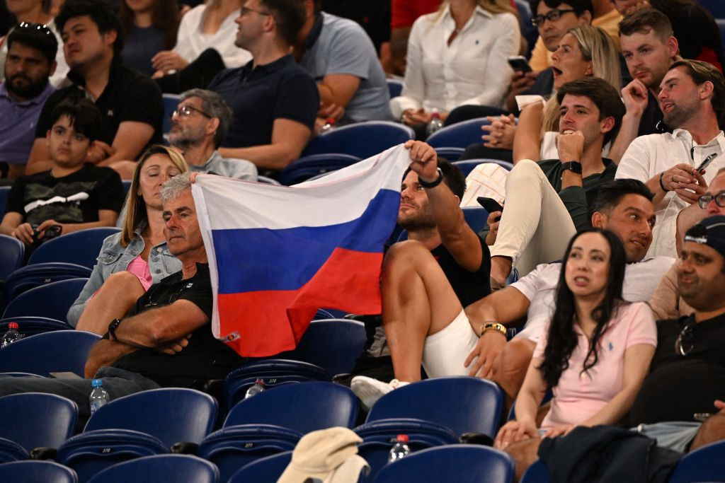 The Russian flag was displayed at the Australian Open match between Daniil Medvedev and Marcos Giron of the United States ©Getty Images