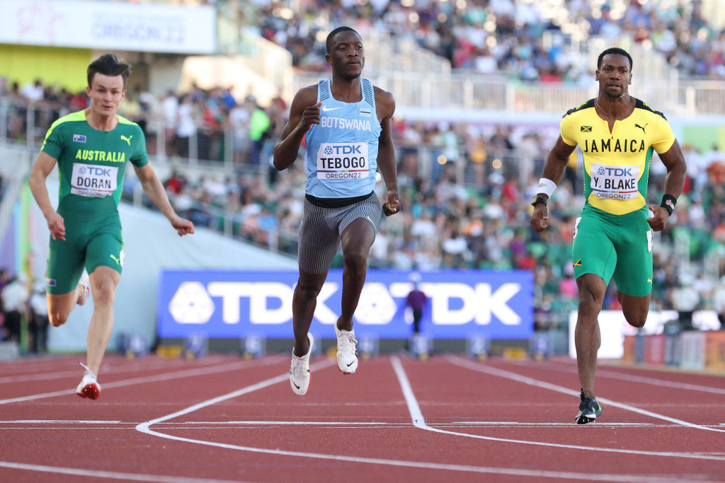 Letsile Tebogo of Botswana, pictured running at last year's World Athletics Championships in Eugene, has had his world under-20 100m record of 9.91 ratified ©Getty Images