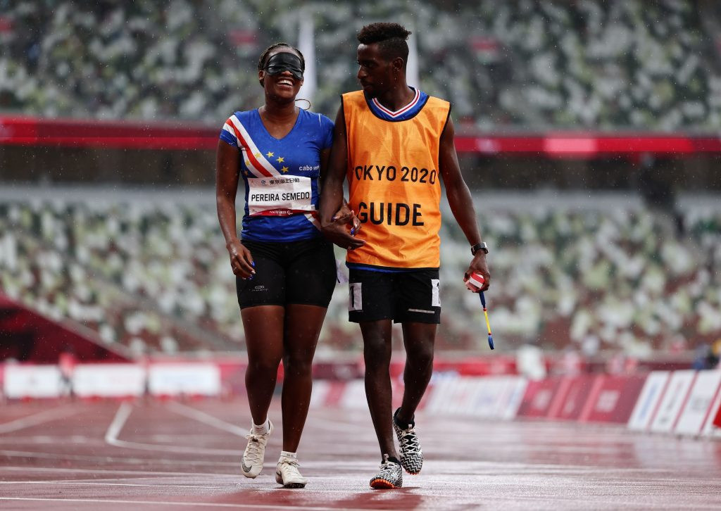 Cape Verde's Keula Semedo, leftl, and her guide Manuel Vaz da Veiga, right, became engaged at the 2020 Paralympic Games in Tokyo ©Getty Images