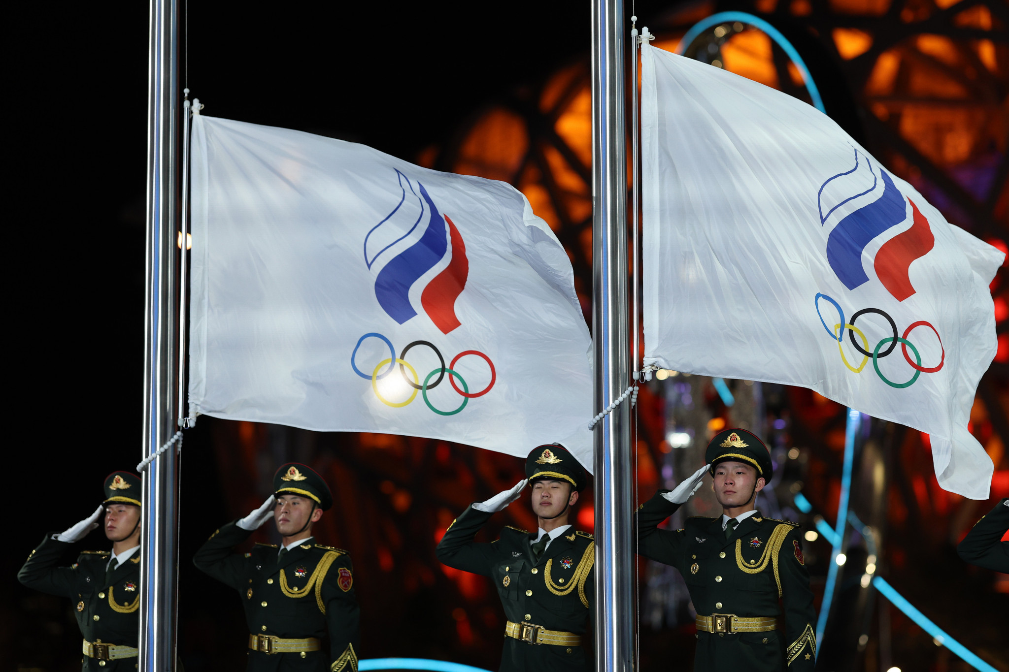 The Russian Olympic Committee flag flown in Tokyo and Beijing featured an emblem in the colours of the Russian national flag ©Getty Images
