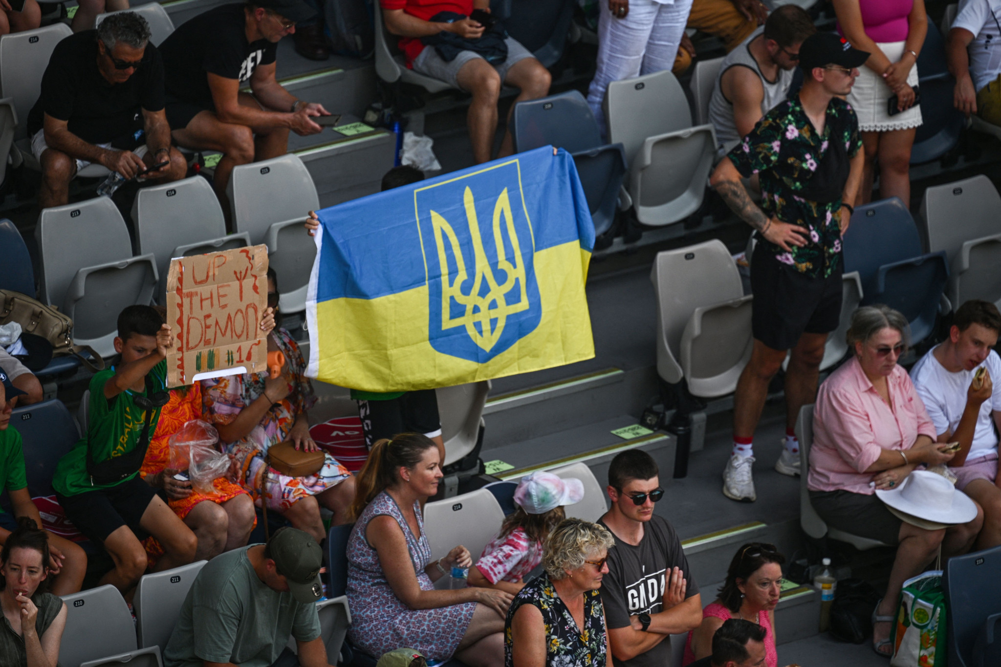 A Ukrainian flag was pictured during the first-round match between Andrey Rublev of Russia, competing as a neutral, and Austria's Dominic Thiem ©Getty Images