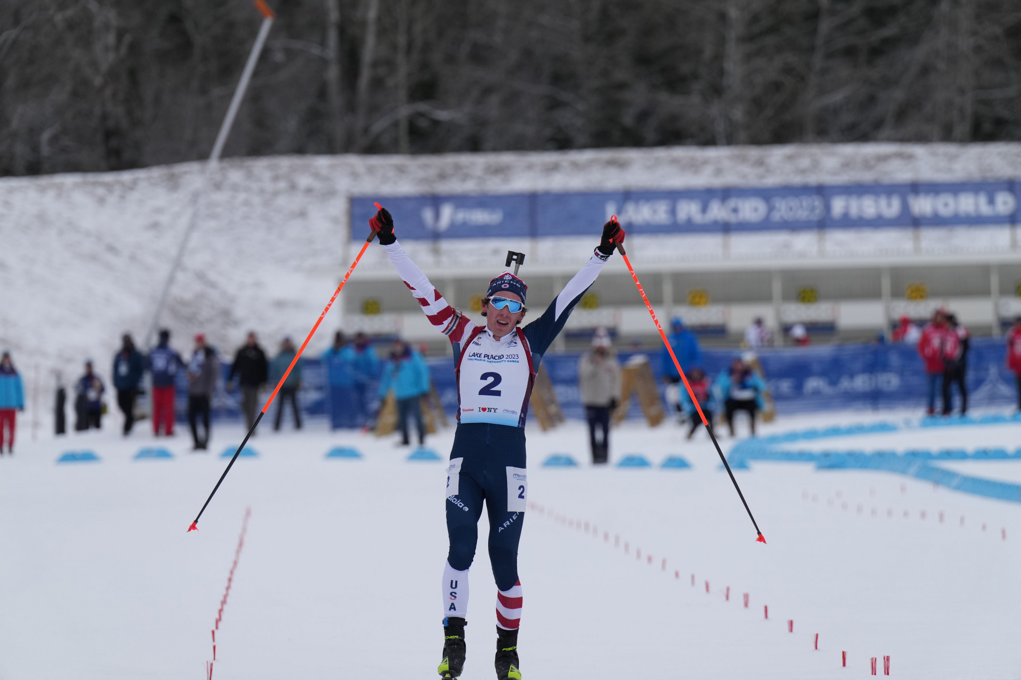 Bjorn Westervelt of the United States received a roar of approval from the crowd as he took the men's 12.5km biathlon pursuit title ©FISU