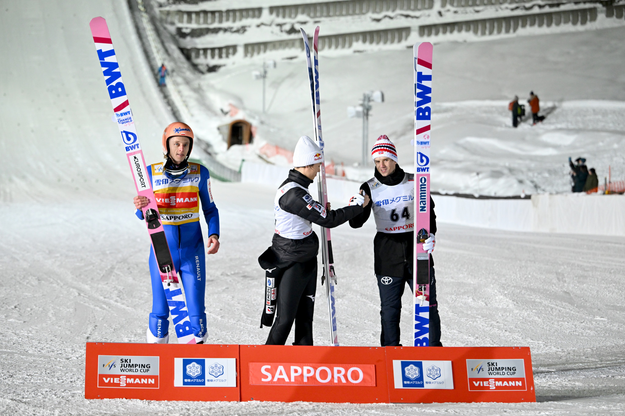 Ryōyū Kobayashi, centre, claimed the top prize in Sapporo ©Getty Images