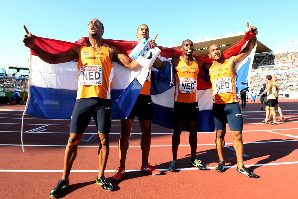 Brian Mariano, far left, was part of the Dutch 4x100m relay team that won the gold medal at the 2012 European Championships in Helsinki ©Getty Images