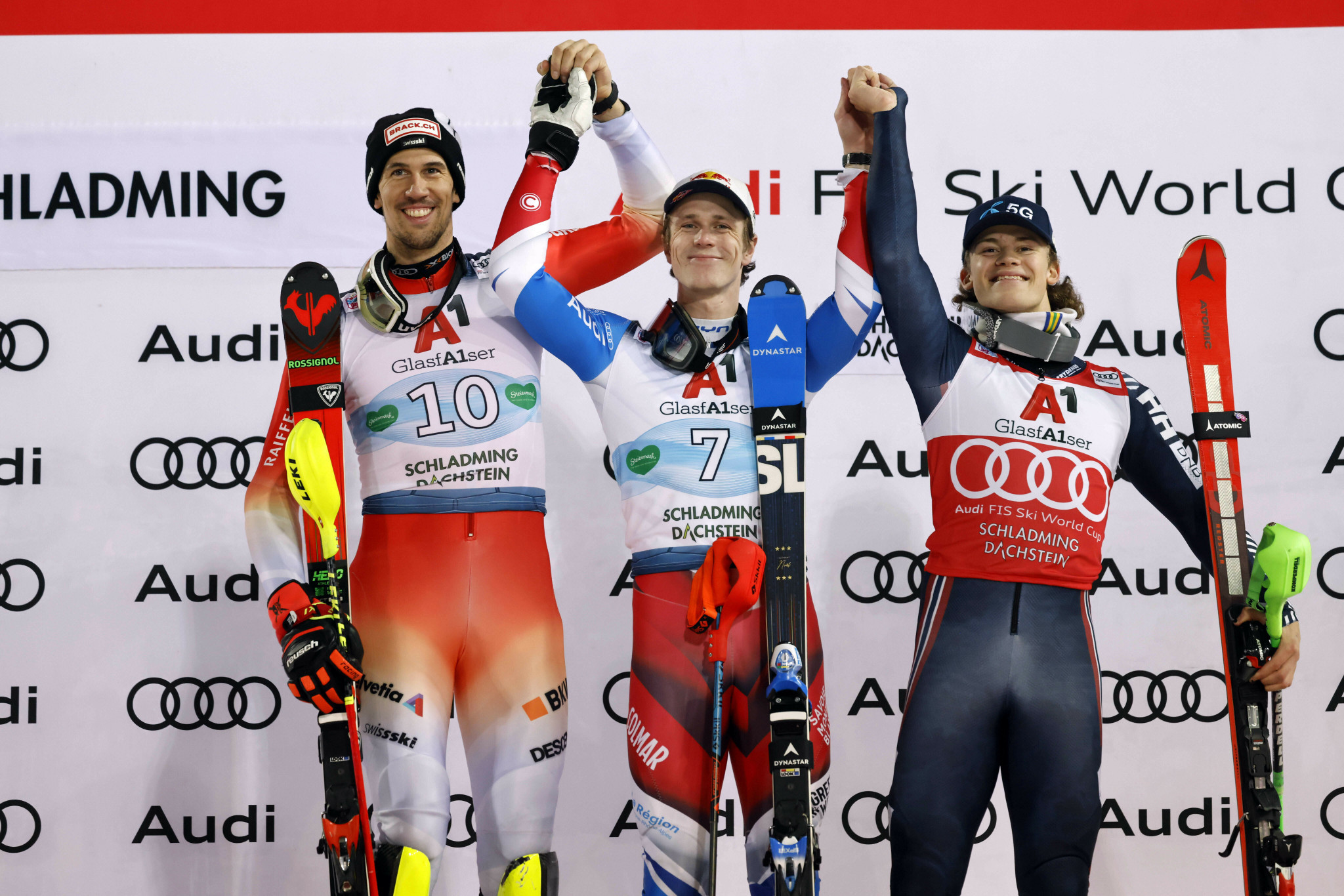 The podium for the slalom race at the Alpine Skiing World Cup in Schladming ©Getty Images