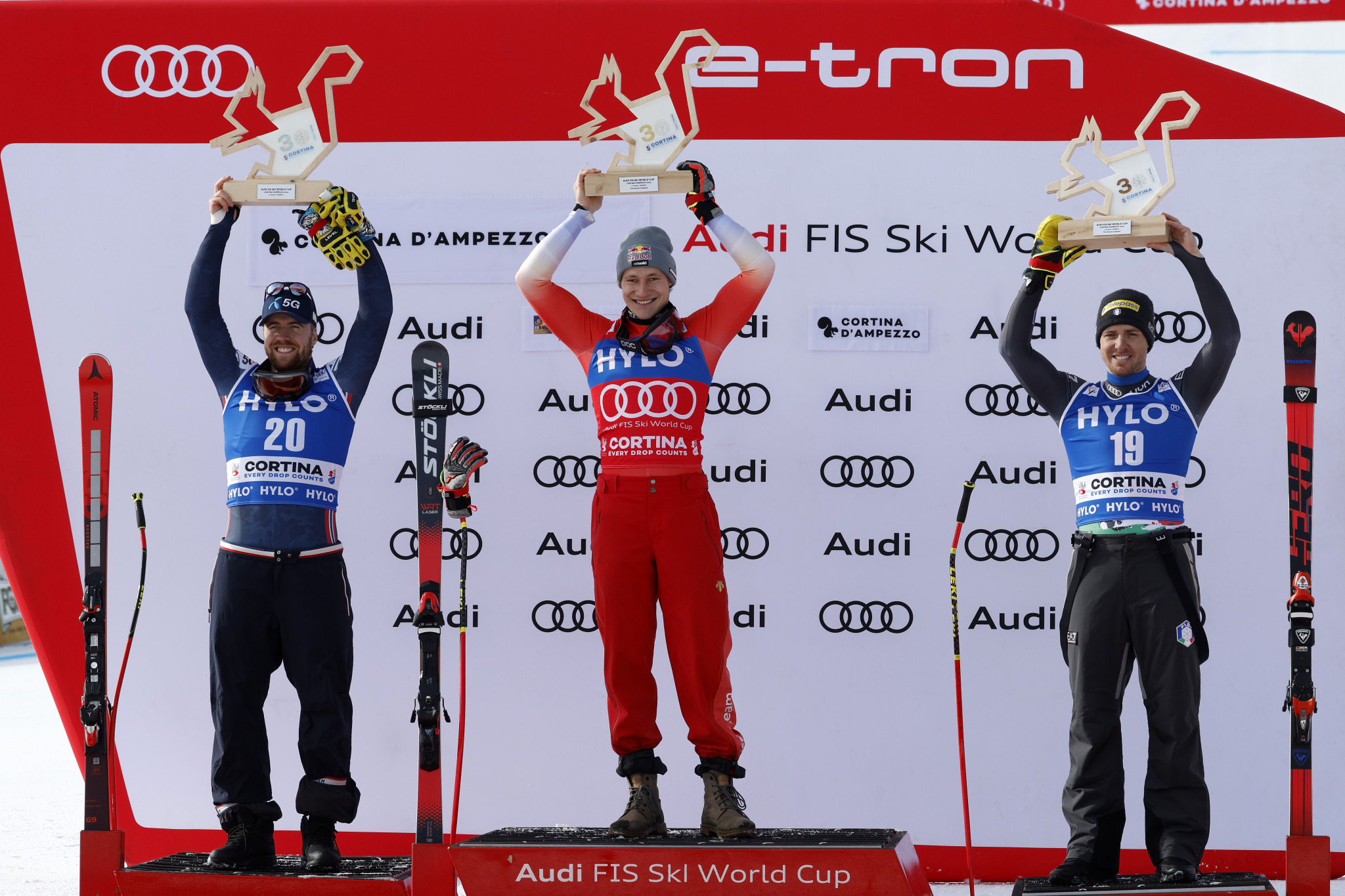 The podium for the men's super-G at the FIS Alpine Skiing World Cup in Cortina D'Ampezzo ©Getty Images