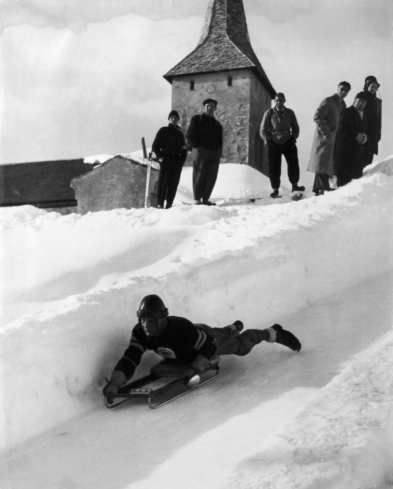 British skeleton competitor Richard Bott during the 1948 Olympic run in St Moritz ©Getty Images