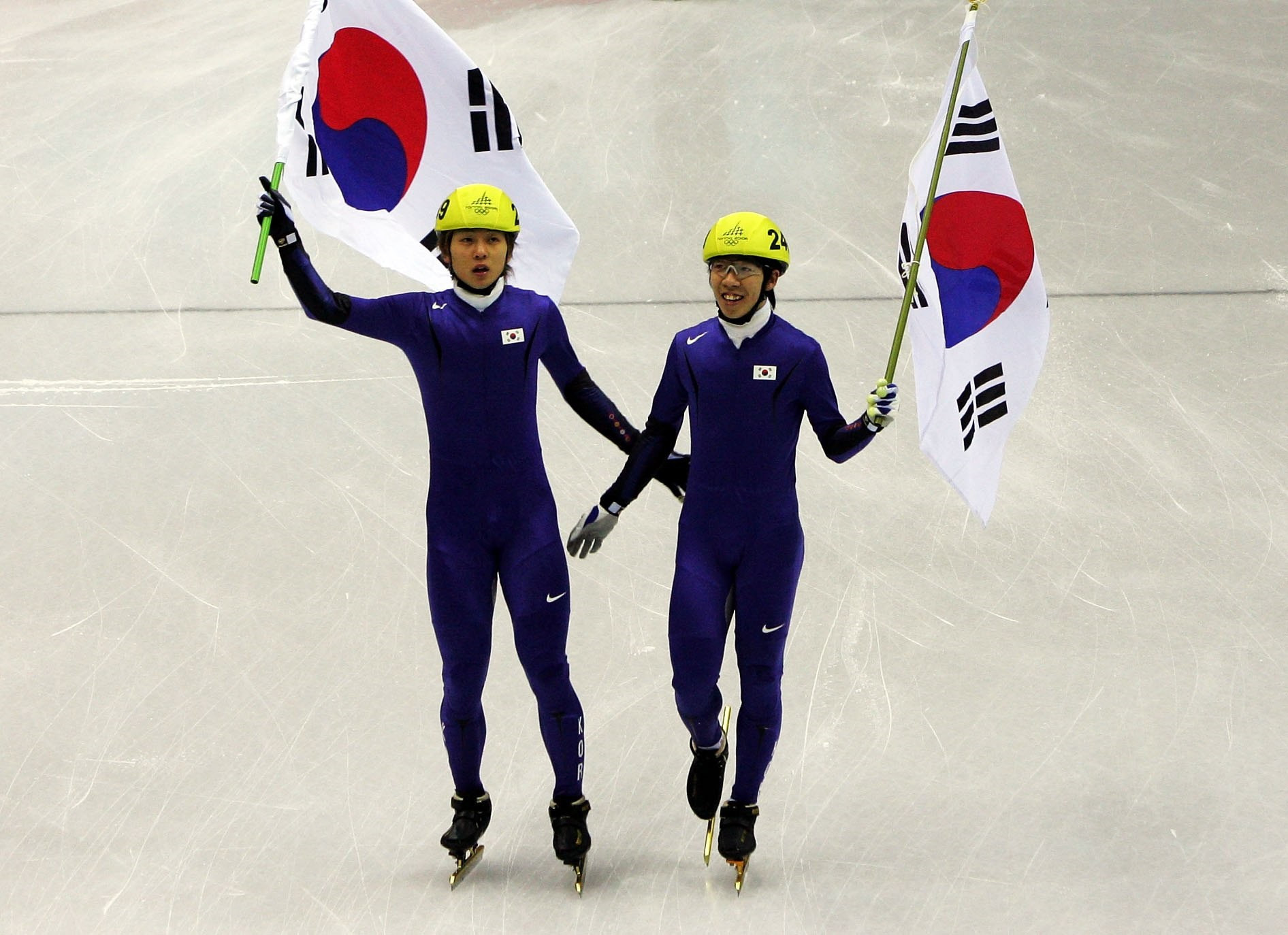 Victor An, left, competed under the name of Hyun-Soo Ahn, when representing South Korea ©Getty Images