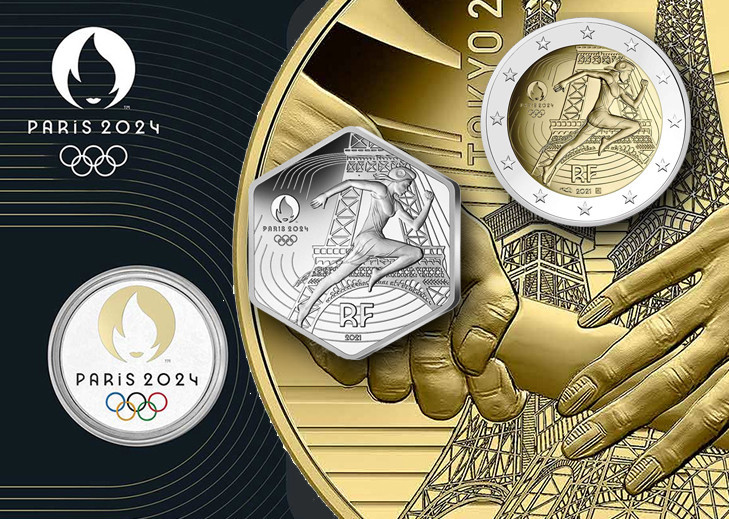 The first Paris 2024 coin collection featured France’s allegorical representation of Marianne sprinting as a runner in front of the Eiffel Tower ©Monnaie de Paris