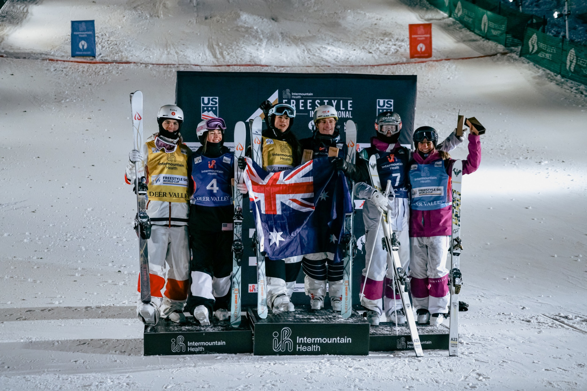 Jakara Anthony and Matt Graham stand atop the podium after they both clinched gold at Deer Valley ©FIS