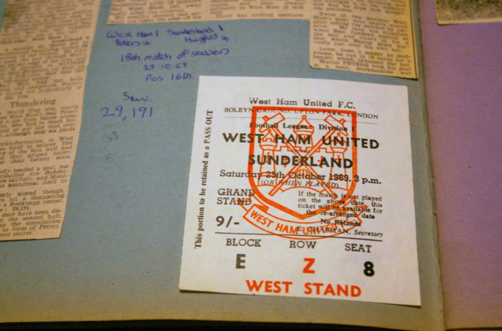 Pasted into my scrapbook of West Ham United news reports for season 1969-1970, the ticket for the first match I saw at Upton Park, against Sunderland ©ITG