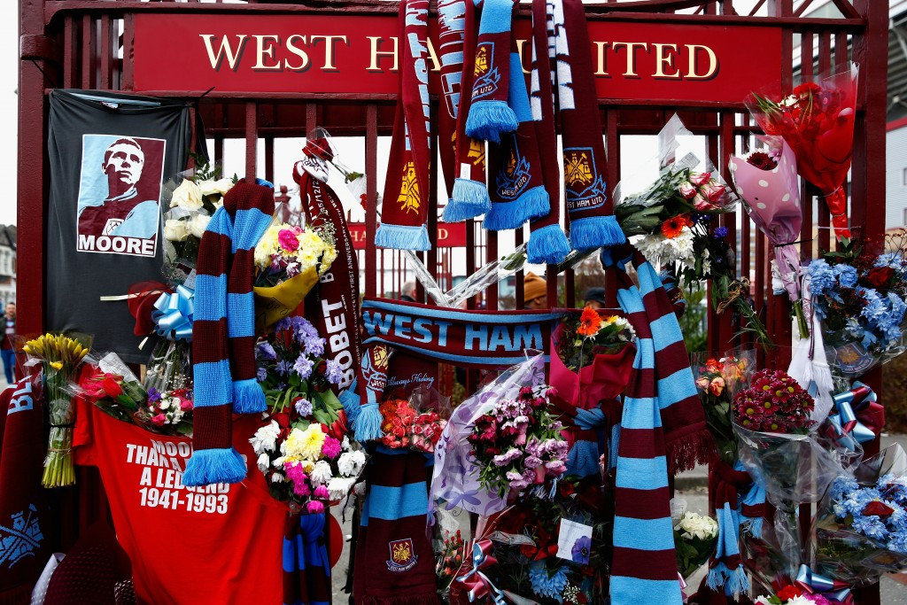 Tributes to former West Ham United and England captain Bobby Moore at Upton Park's John Lyall Gates before last month's game against Sunderland, commemorating the 23rd anniversary of his death ©Getty Images