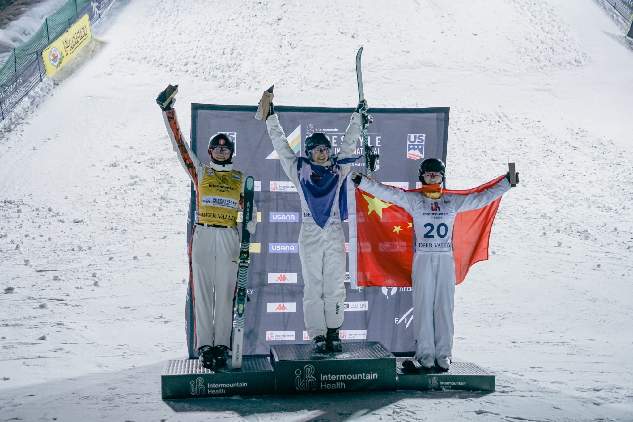 Australia’s Danielle Scott, centre, topped the podium in the aerials competition at the FIS Freestyle Ski World Cup in Deer Valley ©FIS