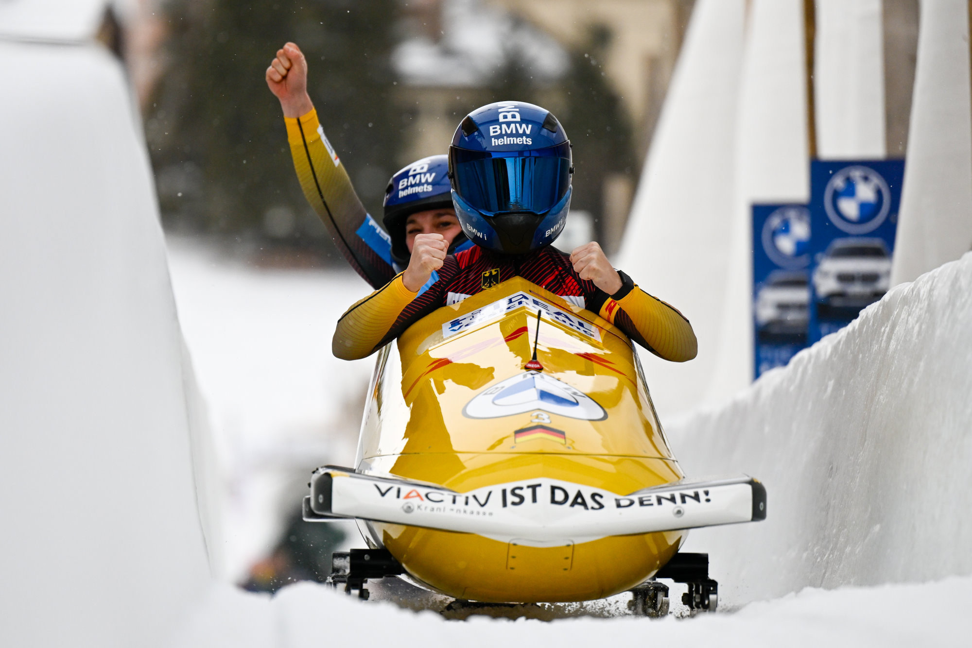 Germany's Kim Kalicki won the gold medal in the two-woman bobsleigh at the IBSF World Championships in St Moritz having finished second in the previous two editions ©IBSF 