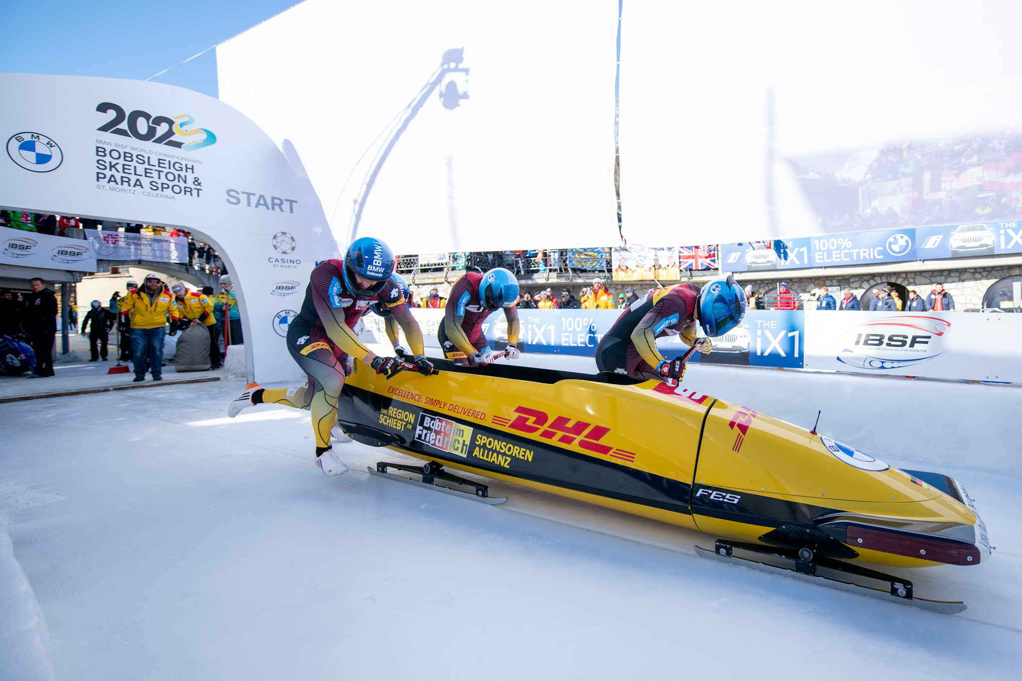 Francesco Friedrich won the gold medal in the four-man bobsleigh for the fifth consecutive IBSF World Championships with victory in St Moritz today ©IBSF