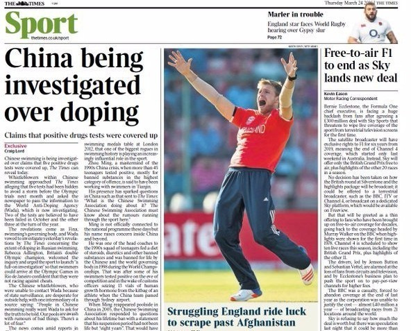 China hit by fresh doping scandal as reports allege five positive drugs tests in swimming were covered up
