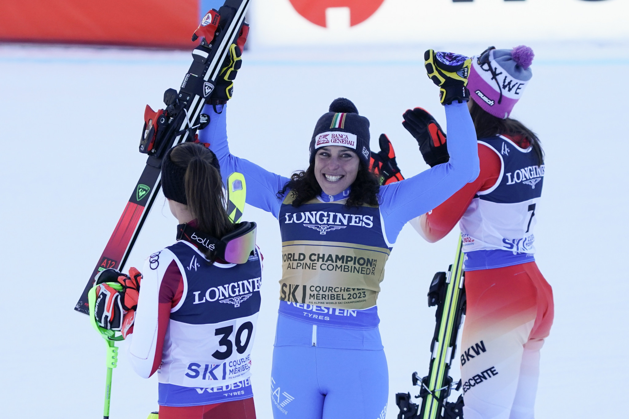 Federica Brignone of Italy celebrates after winning women's Alpine combined gold ©Getty Images
