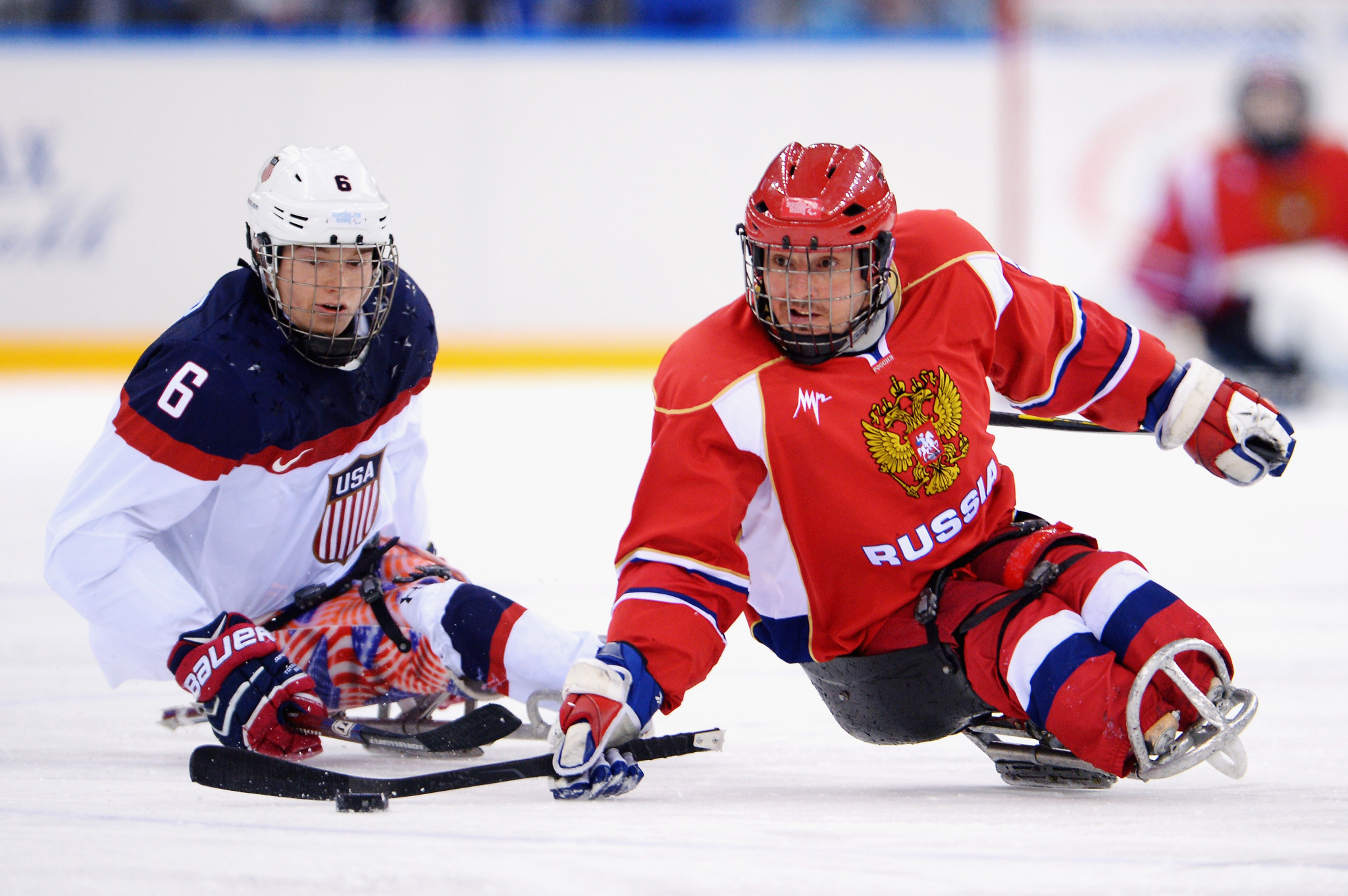 Russian Para ice hockey player Konstantin Shikhov, in red, has been banned for 18 months after an IPC appeal to CAS ©Getty Images 