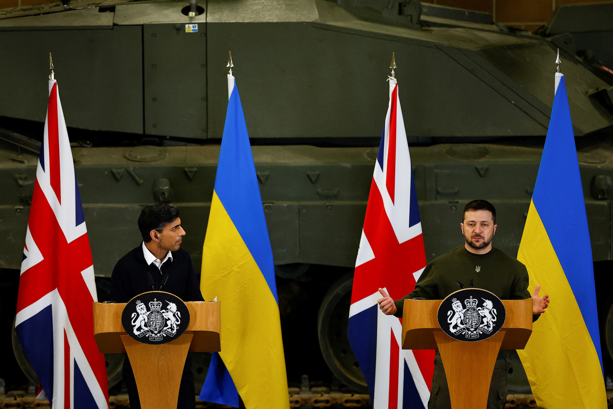 Ukrainian President Volodymyr Zelenskyy, right, visited London yesterday to meet United Kingdom President Rishi Sunak, left, where the Olympics was among the topics discussed ©Getty Images