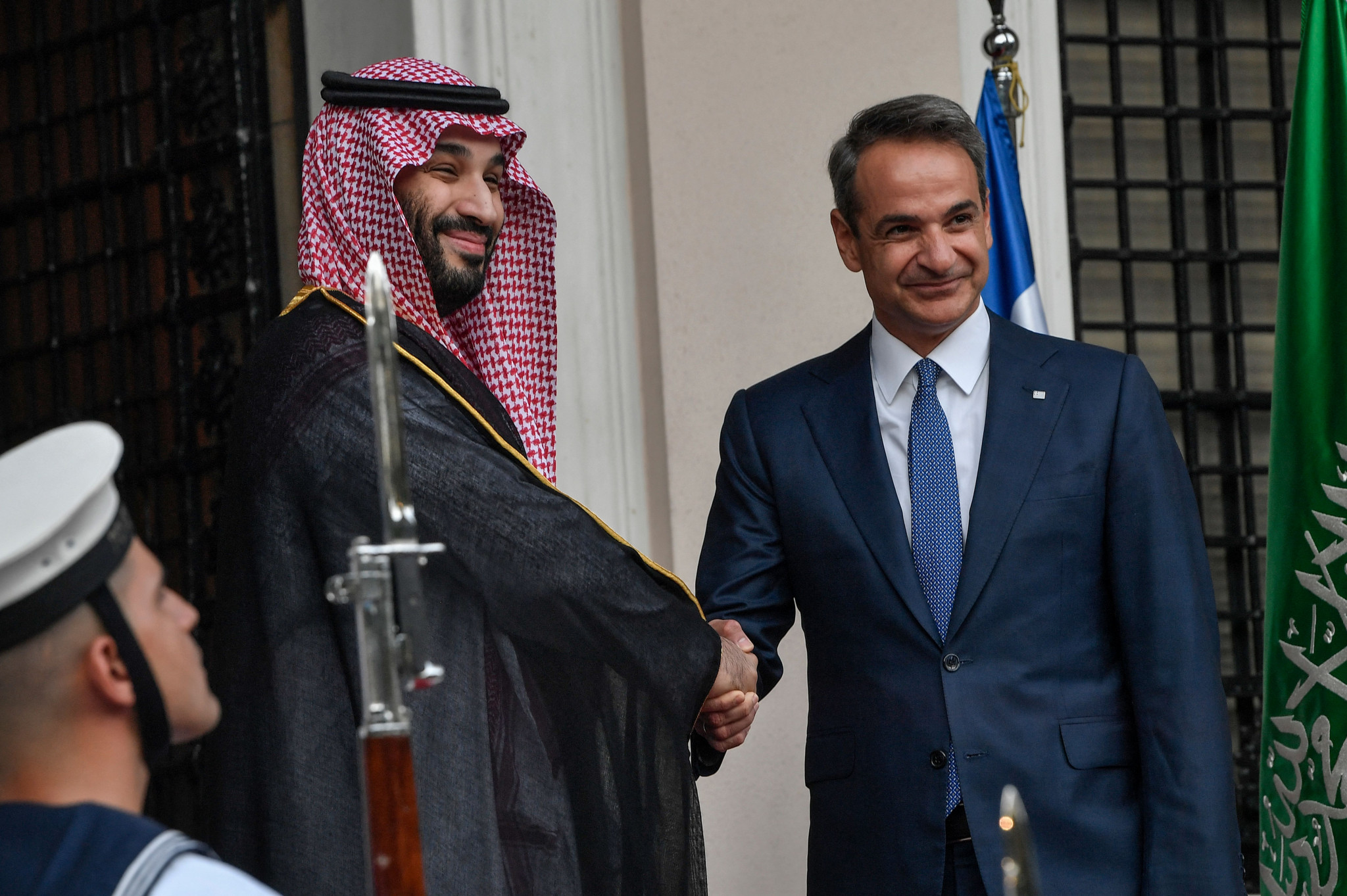 Crown Prince Mohammed bin Salman, left, is reported to have discussed the offer for the 2030 FIFA World Cup with Greek Prime Minister Kyriakos Mitsotakis, right ©Getty Images