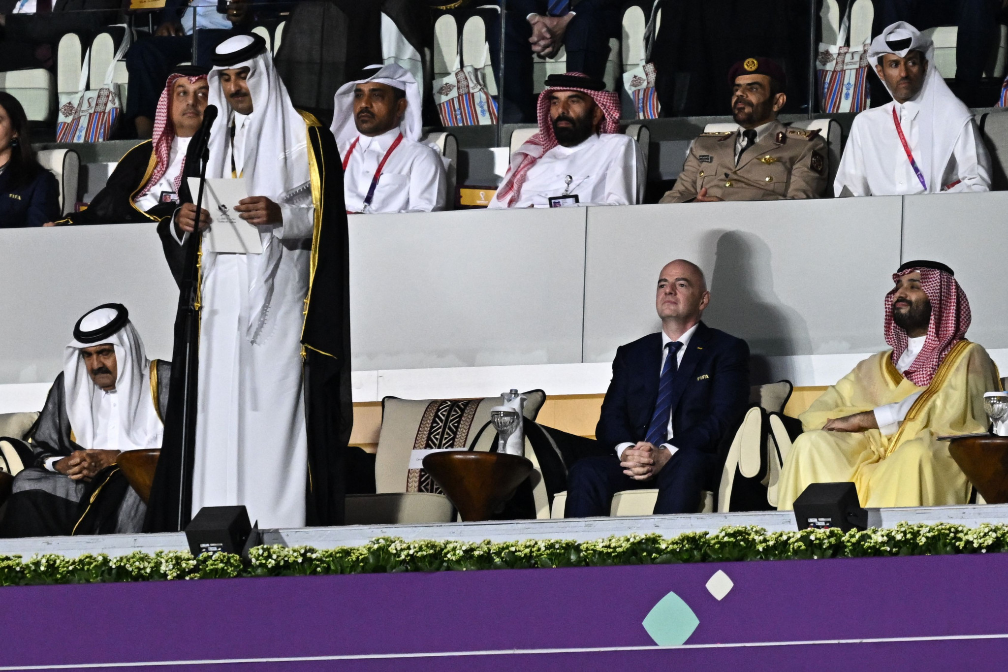 FIFA President Gianni Infantino, second left front, appears to enjoy a friendly relationship with Saudi Crown Prince Mohammed bin Salman, furthest left front ©Getty Images