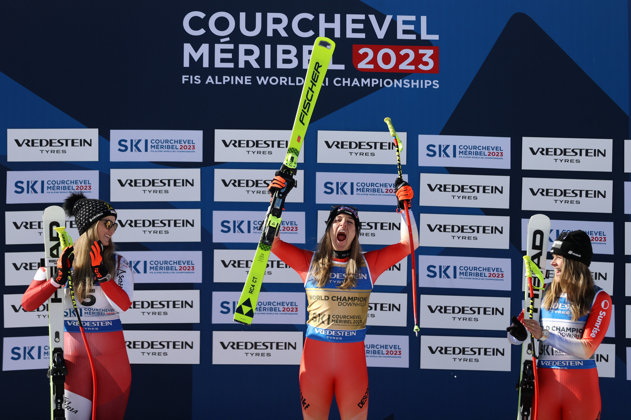 Switzerland's Jasmine Flury, centre, claimed a shock women's downhill victory at the FIS Alpine Ski World Championships ©Getty Images