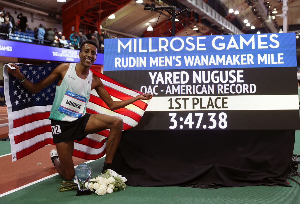 Yared Nuguse won the Wanamaker Mile finale at the Millrose Games in New York in a North American record of 3min 47.38sec, the second fastest time in history ©Getty Images