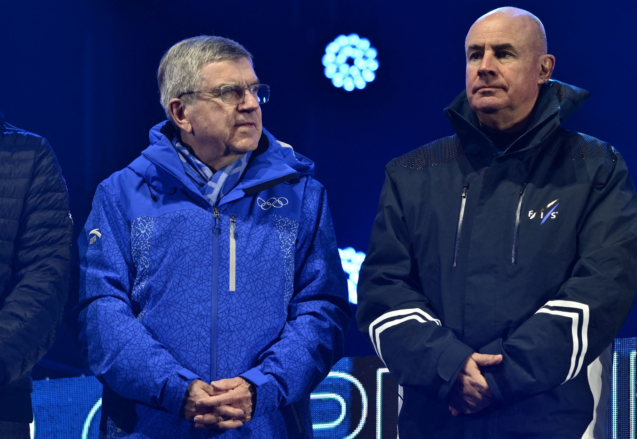 IOC President Thomas Bach stands next to FIS leader Johan Eliasch when watching the men's downhill competition at the Alpine Ski World Championships ©Getty Images