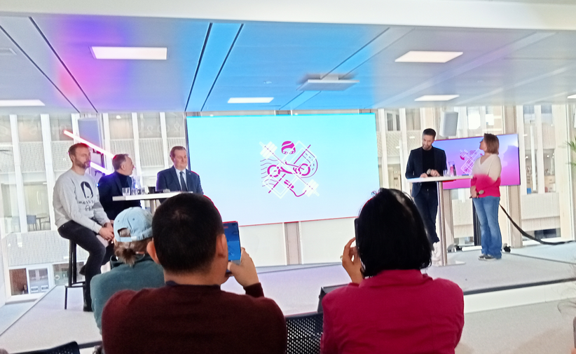 Paris 2024 brand manager Julie Matikhine, right, presenting the pictogram designs this week with Paris 2024 President Tony Estanguet, said the Look of the Games would be the image associated with sporting performances and highlights ©ITG