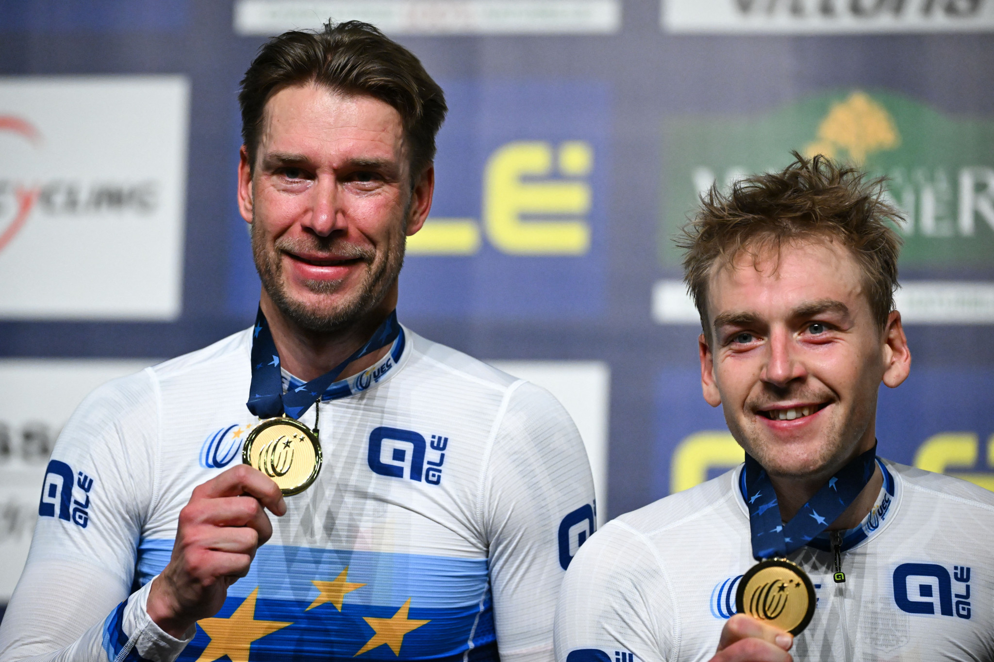 Roger Kluge, left, and Theo Reinhardt, right, won men's madison gold for Germany at the Track European Championships ©Getty Images