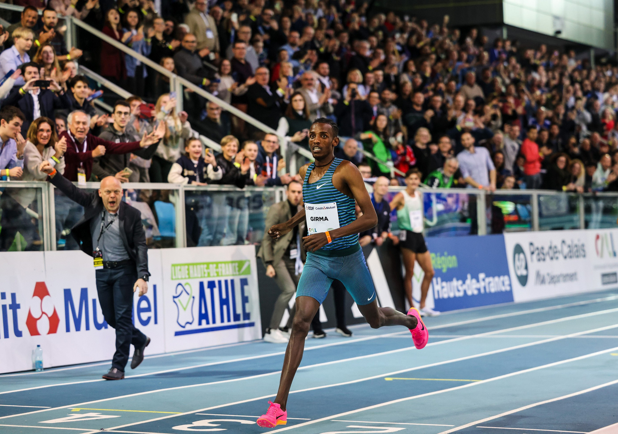Lamecha Girma of Ethiopia broke the 25-year-old world 3,000m indoor record in Lievin ©World Athletics/Dan Vernon