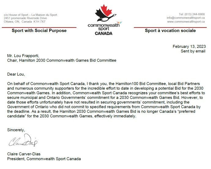 Commonwealth Sport Canada President Claire Carver-Dias officially rescinded Hamilton's status as 