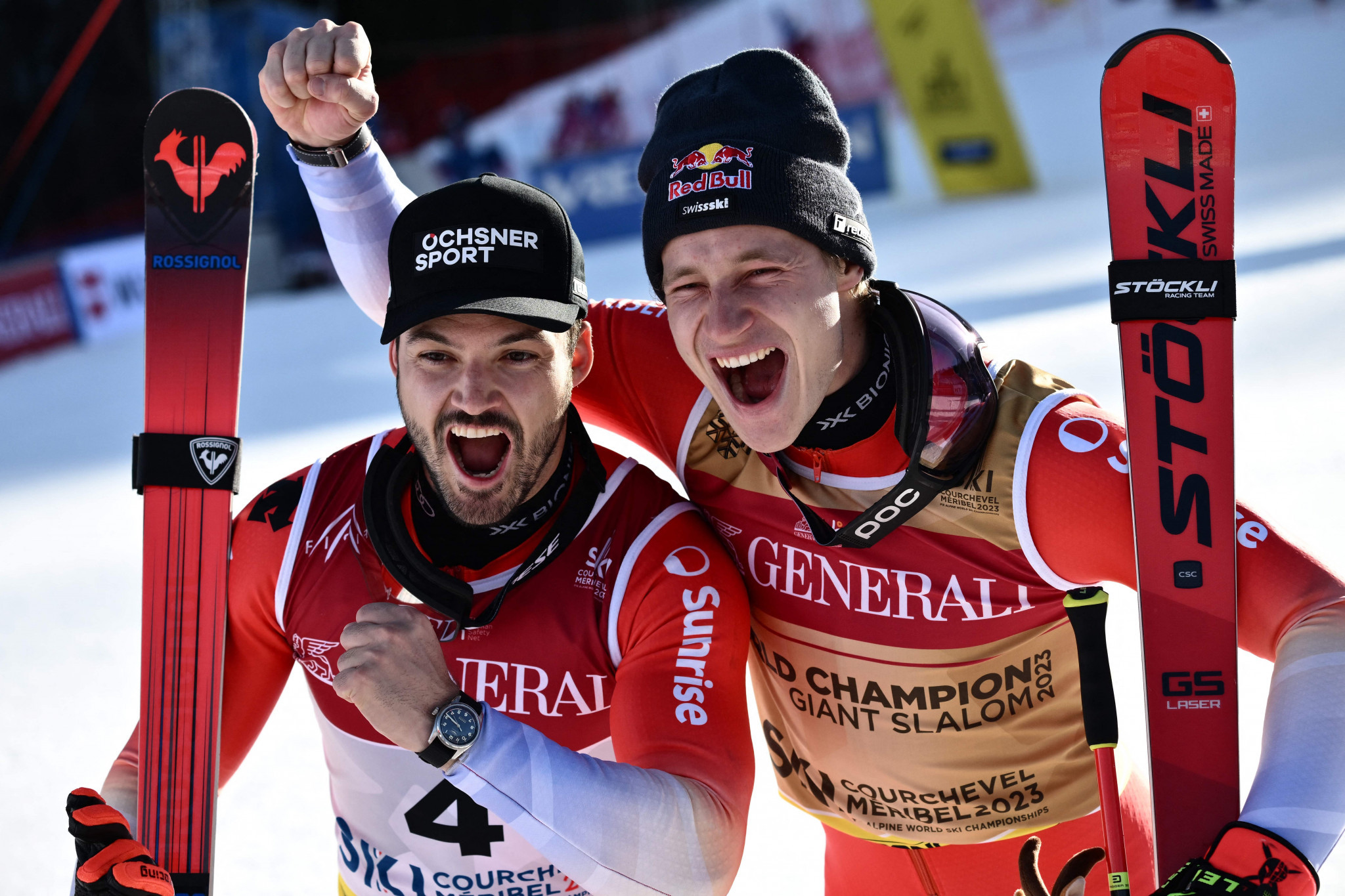 Loïc Meillard, left, produced a superb second run to earn silver with fellow Swiss skier Marco Odermatt, right ©Getty Images