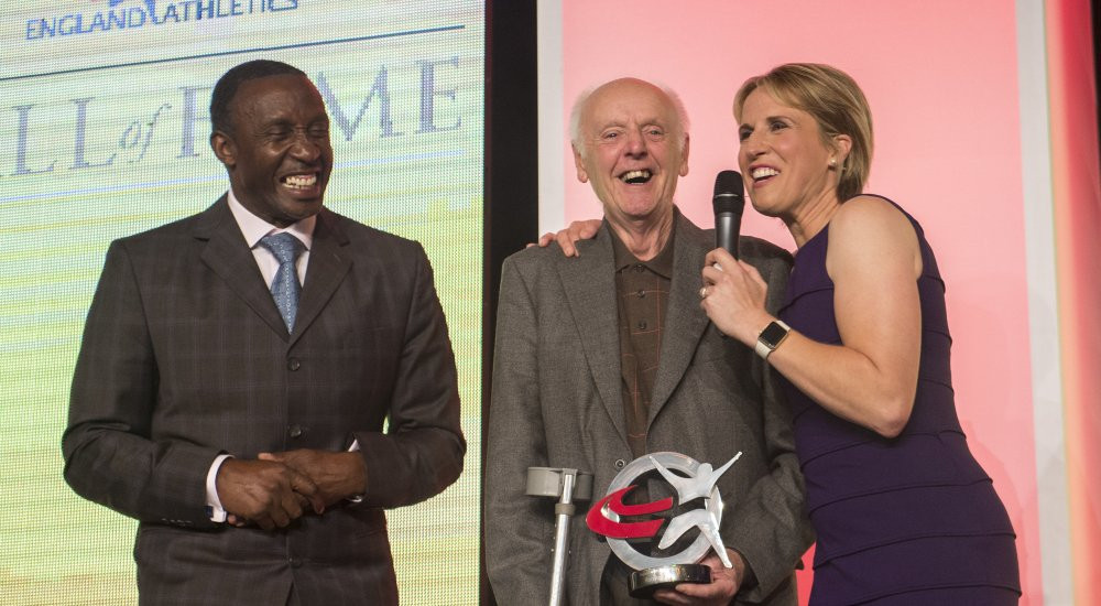 Ron Roddan, centre, was inducted into the England Athletics Hall of Fame in 2016 when Linford Christie, left, and Katharine Merry, right, were on hand to help him celebrate ©England Athletics  