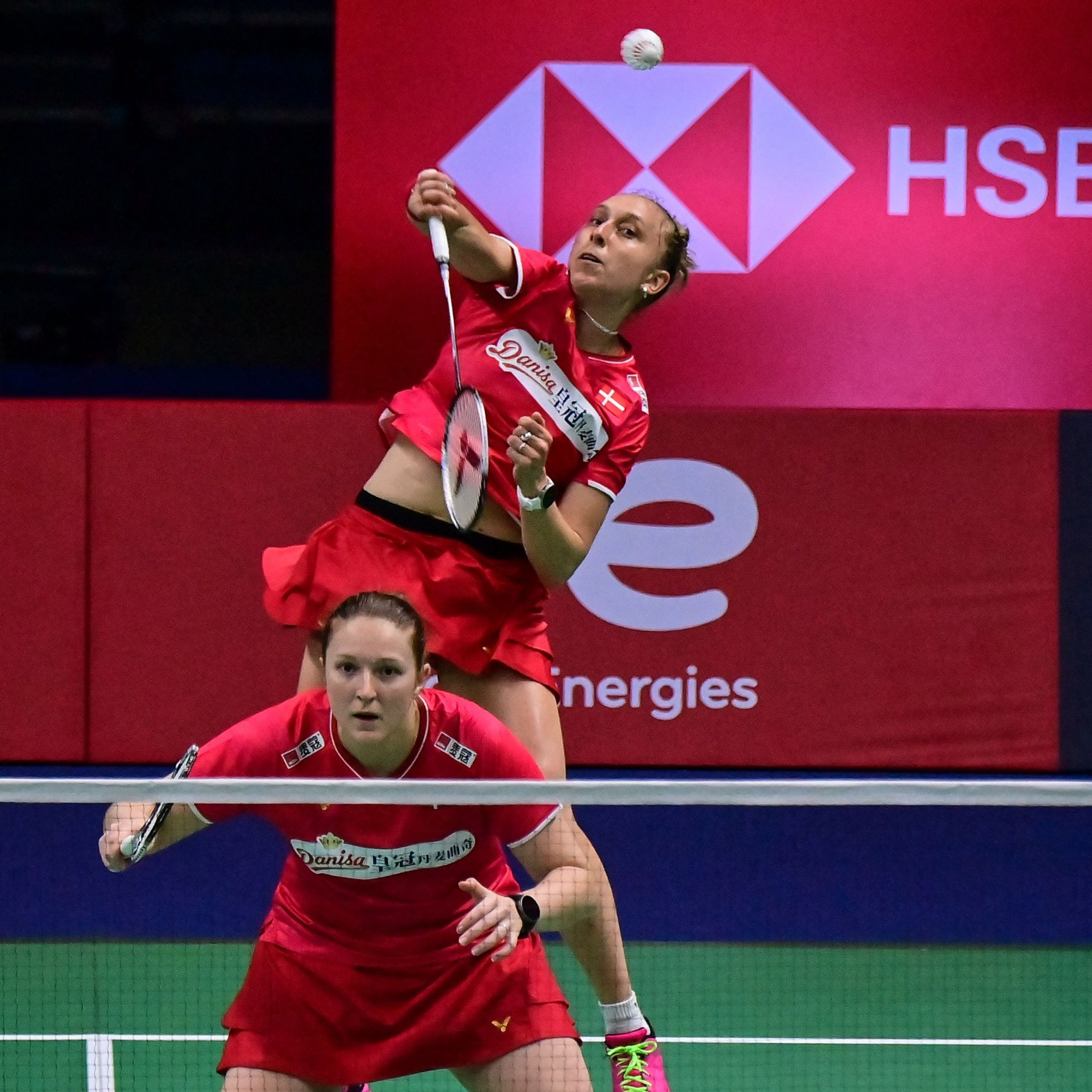 Sara Thygesen, back, and Maiken Fruergaard secured the crucial win for Denmark as they won the European Mixed Team Badminton Championship title by defeating France ©Getty Images  
