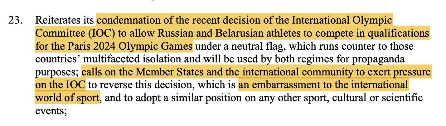The resolution passed by the European Union has condemned the IOC for considering the participation of athletes from Russia and Belarus at Paris 2024 ©EU