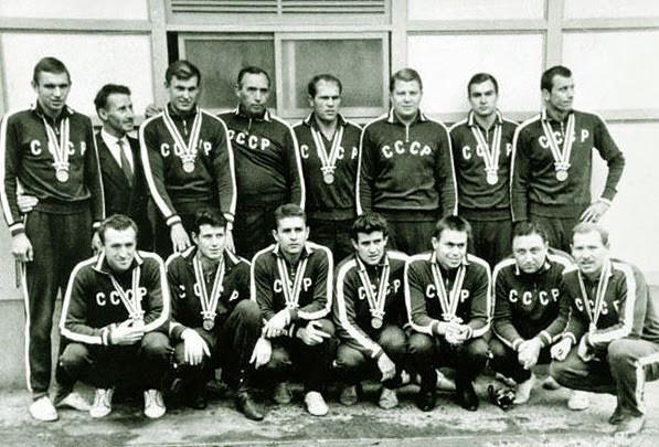 Victor Ageev, second right in front row, won a third Olympic medal at Tokyo 1964 when the Soviet Union took the bronze ©Russian Water Polo Federation