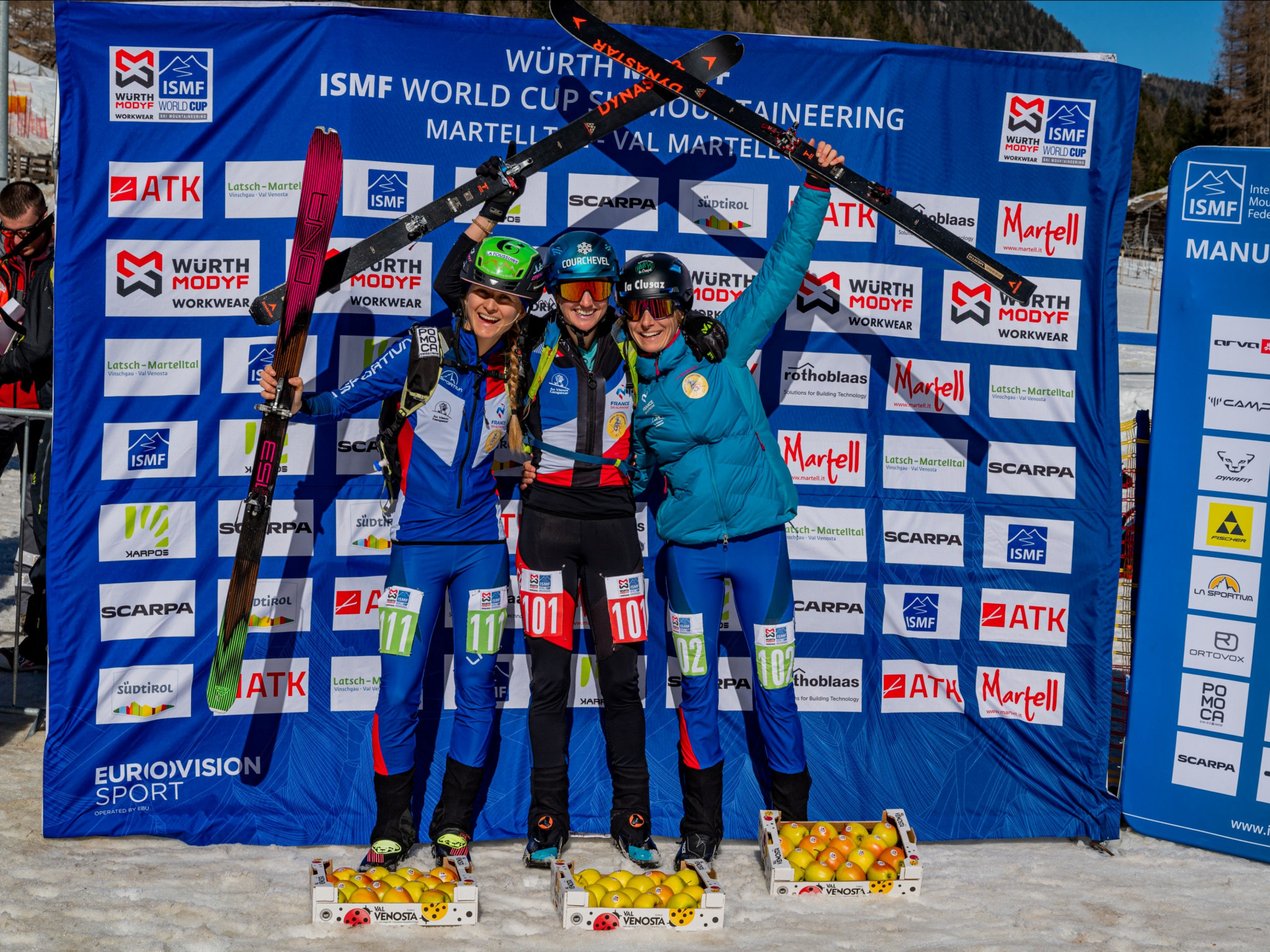 Emily Harrop, centre, led a French podium sweep in the women's sprint at the ISMF World Cup in Val Martello ©ISMF
