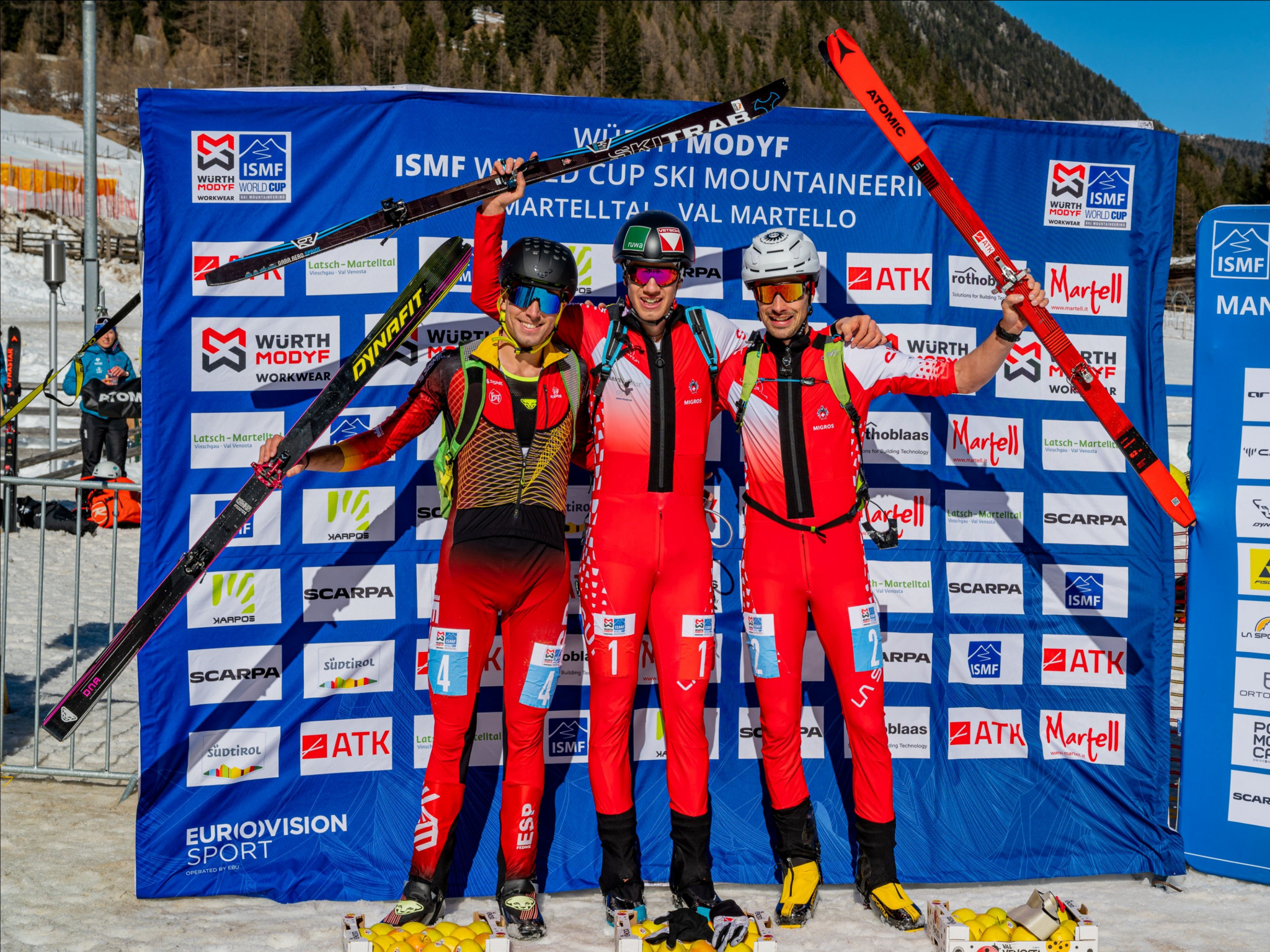 Switzerland's Arno Lietha, centre, won a seventh men's sprint World Cup of his career ©ISMF